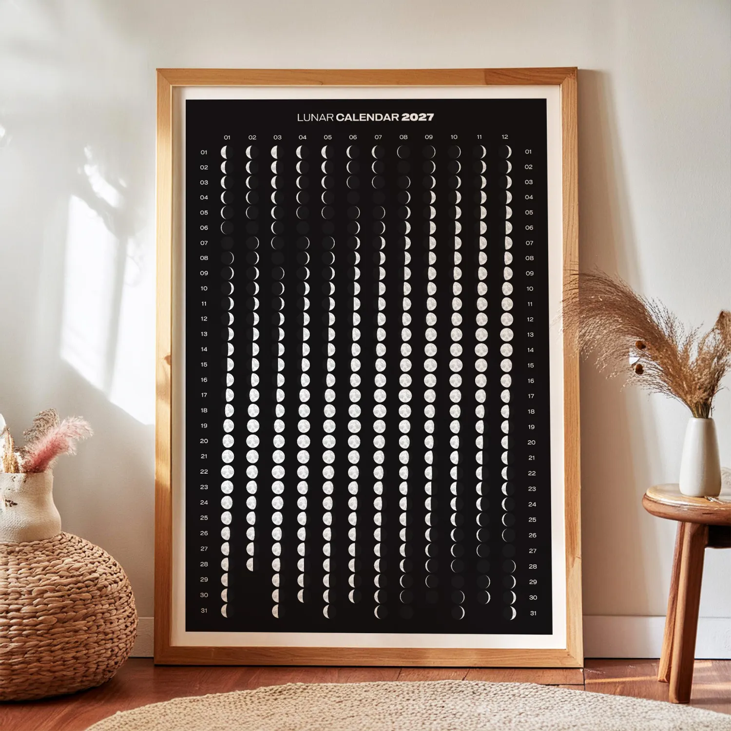 2027 Moon Calendar in Vertical Layout, Black Background, Lunar Phases Chart, Single Page Wall Calendar