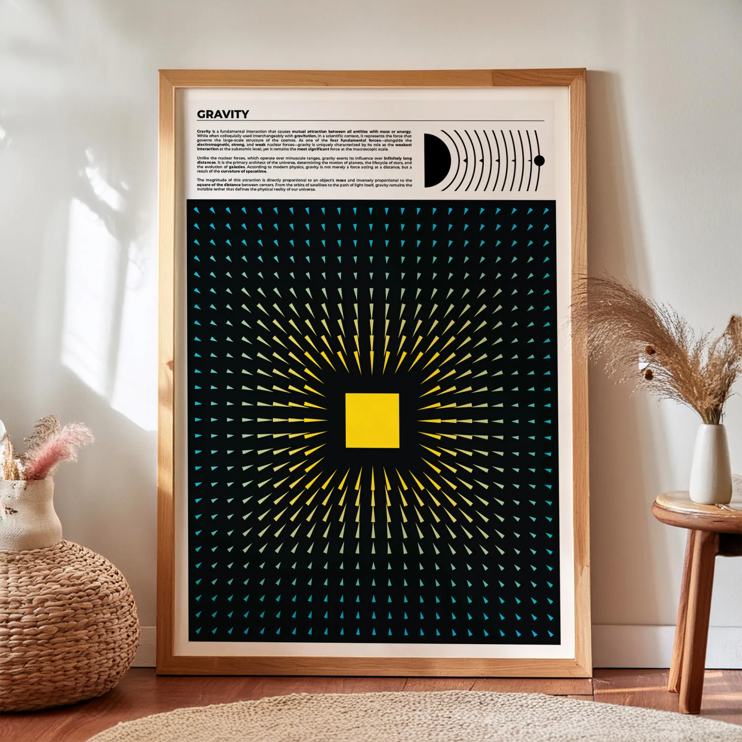 Gravity Print with an artwork that depicts gravitational force with vibrant colors in contrast with black background