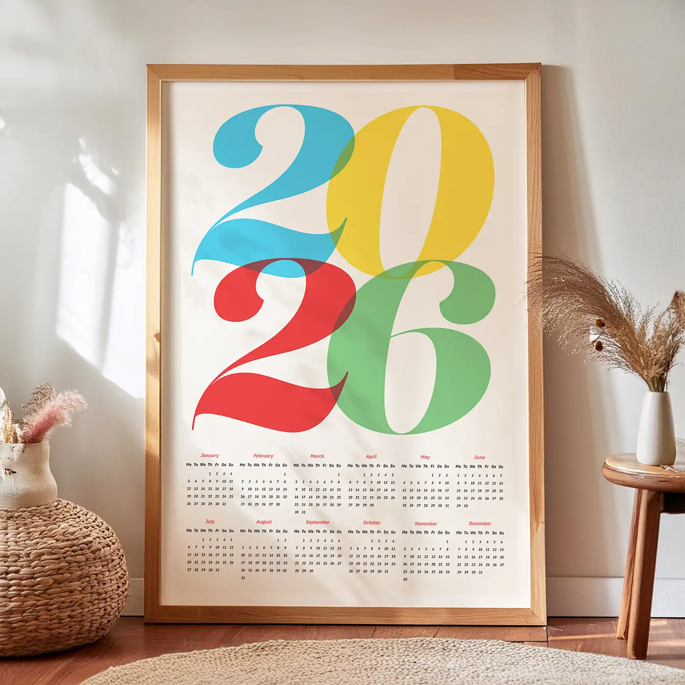 Single Page Calendar for 2026 with Big, Bold Text in Rainbow Colors