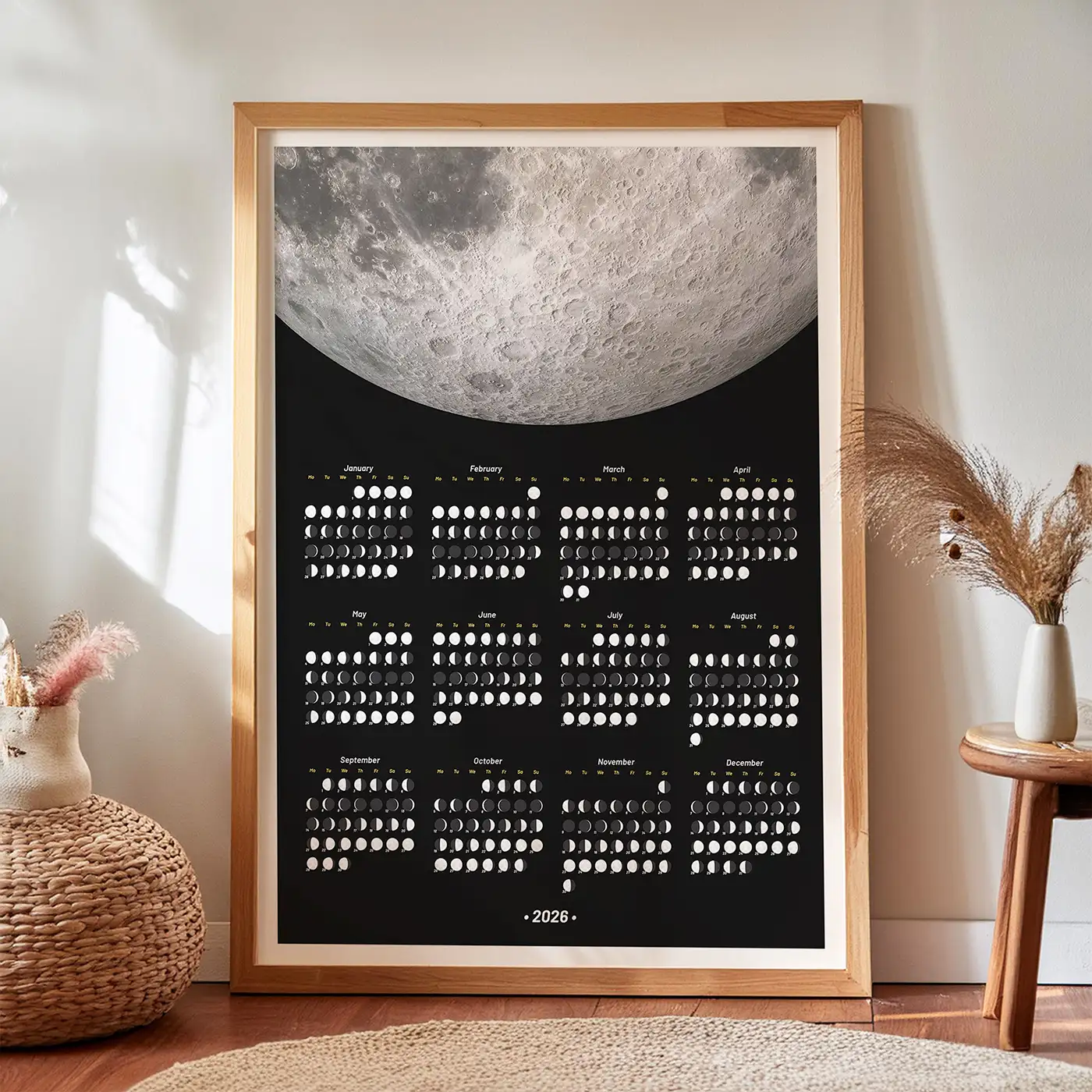 2026 Moon Calendar in Monthly Layout with a Moon Image on Top Half of the Design