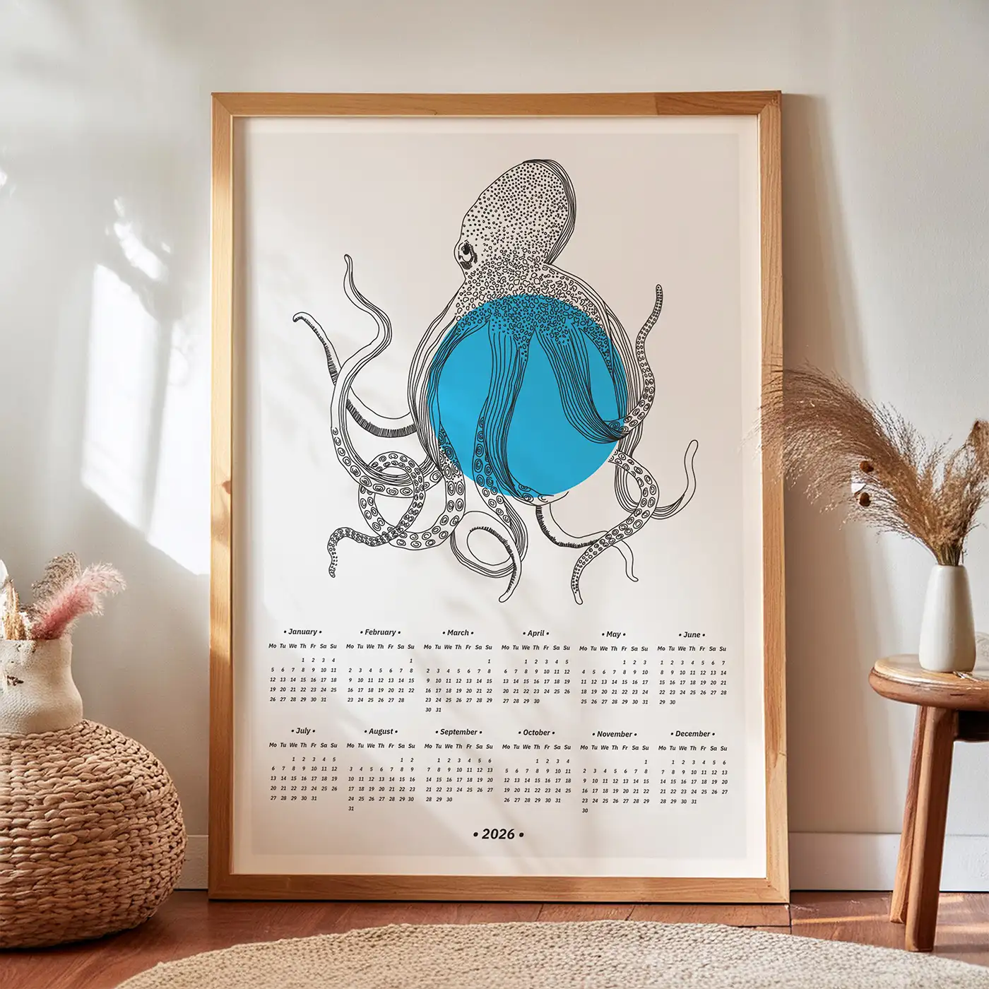 Single Page Wall Calendar for 2026 with Vintage Looking Octopus Illustration