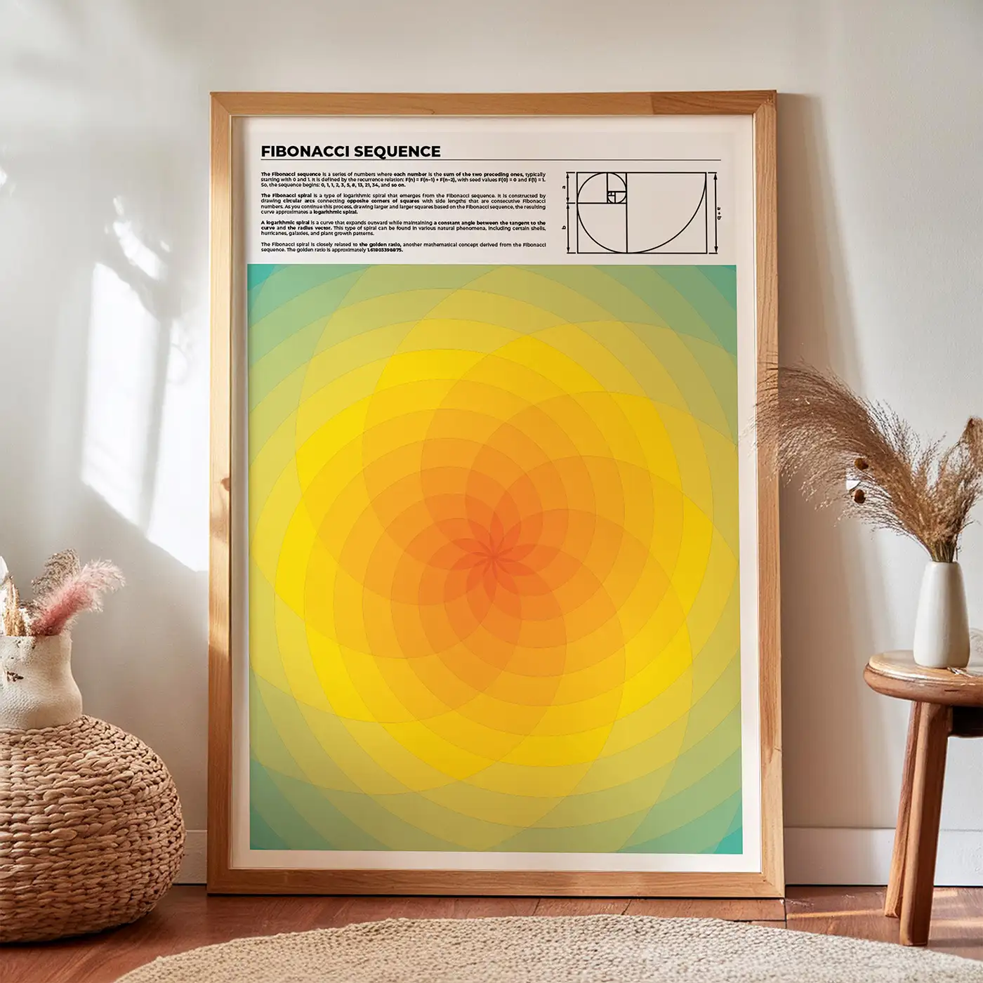 Fibonacci Sequence Print with an original phyllotaxis artwork inspired from Fibonacci Sequence and spiral