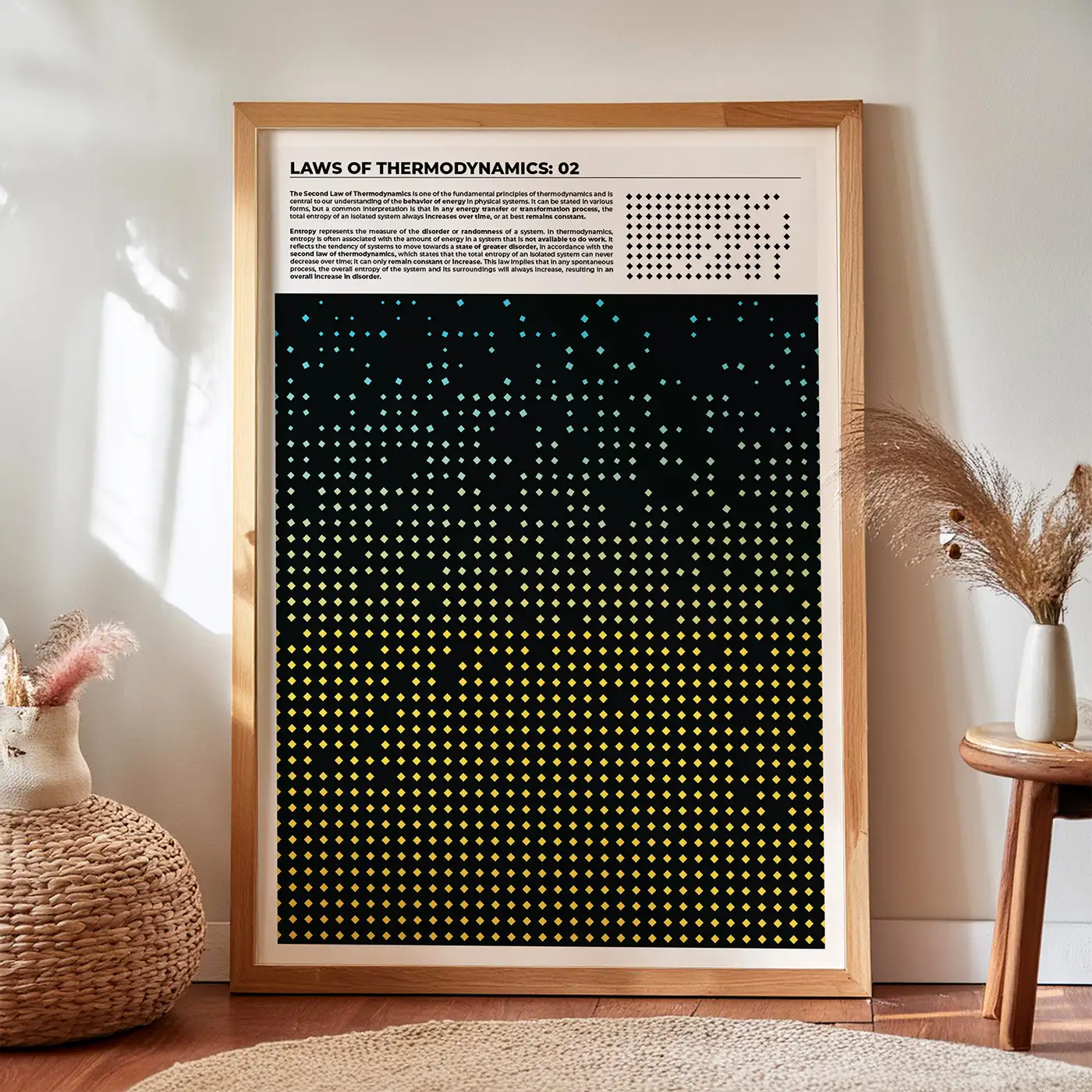 Second Law of Thermodynamics Print with an artwork that depicts a system with entropy in vibrant colors in contrast with black background.