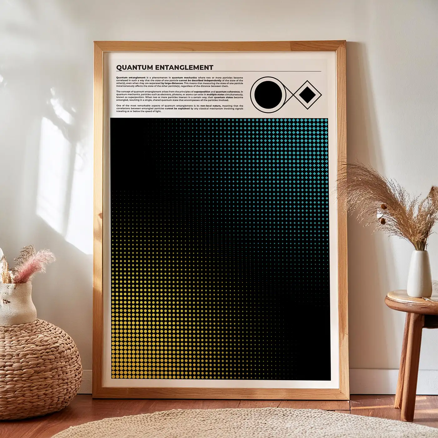 Quantum Entanglement Print featuring an artwork that visualize two particles being in state of entanglement in bright colors in contrast with black background