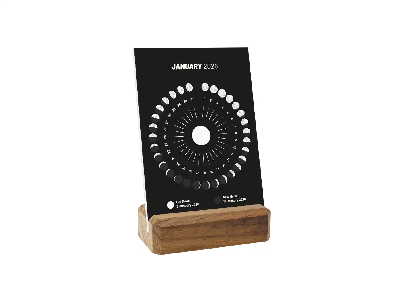 2026 Moon Calendar Design with Wooden Stand, Black Color