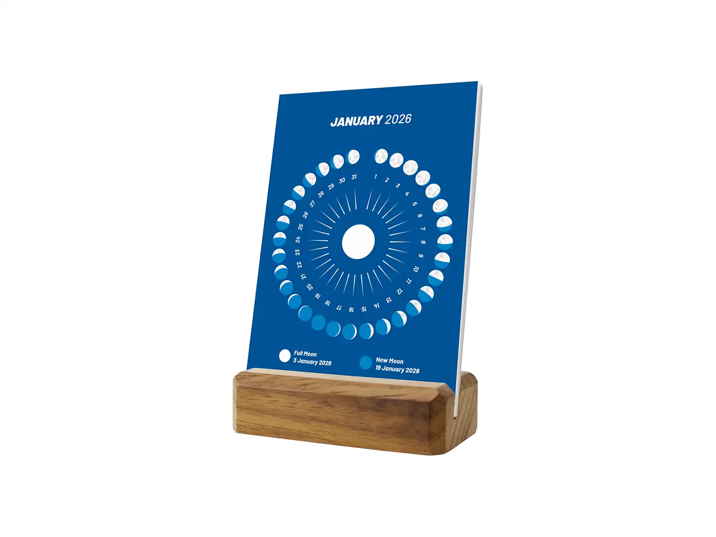 2026 Moon Calendar on a Circular Layout, Wooden Stand, Blue Color