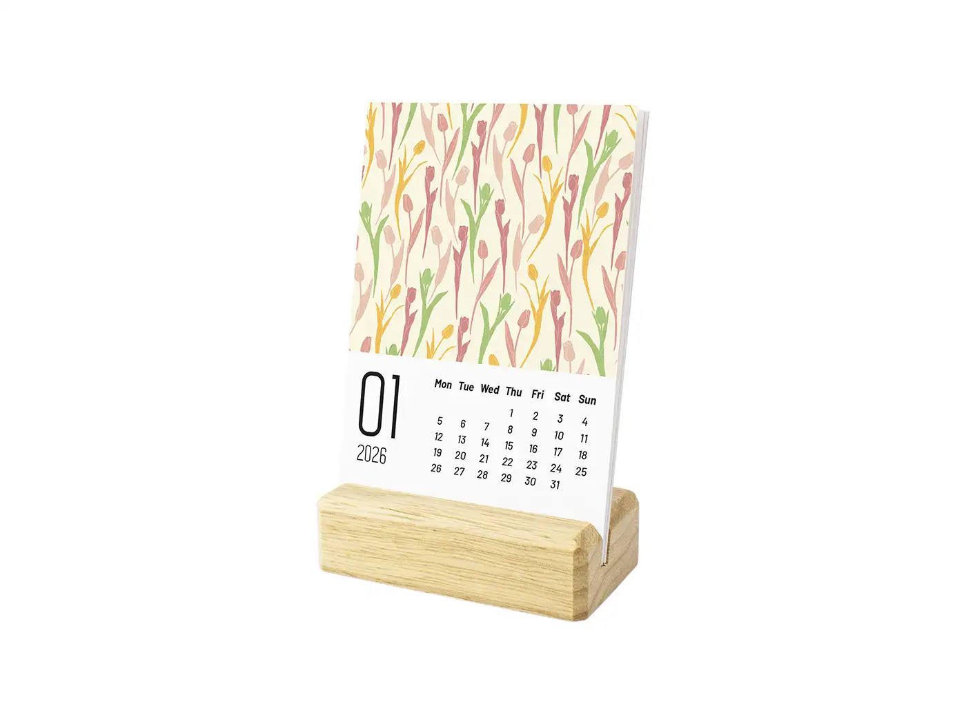 2026 Desk Calendar with Seasonal Textures, Light Wood Stand