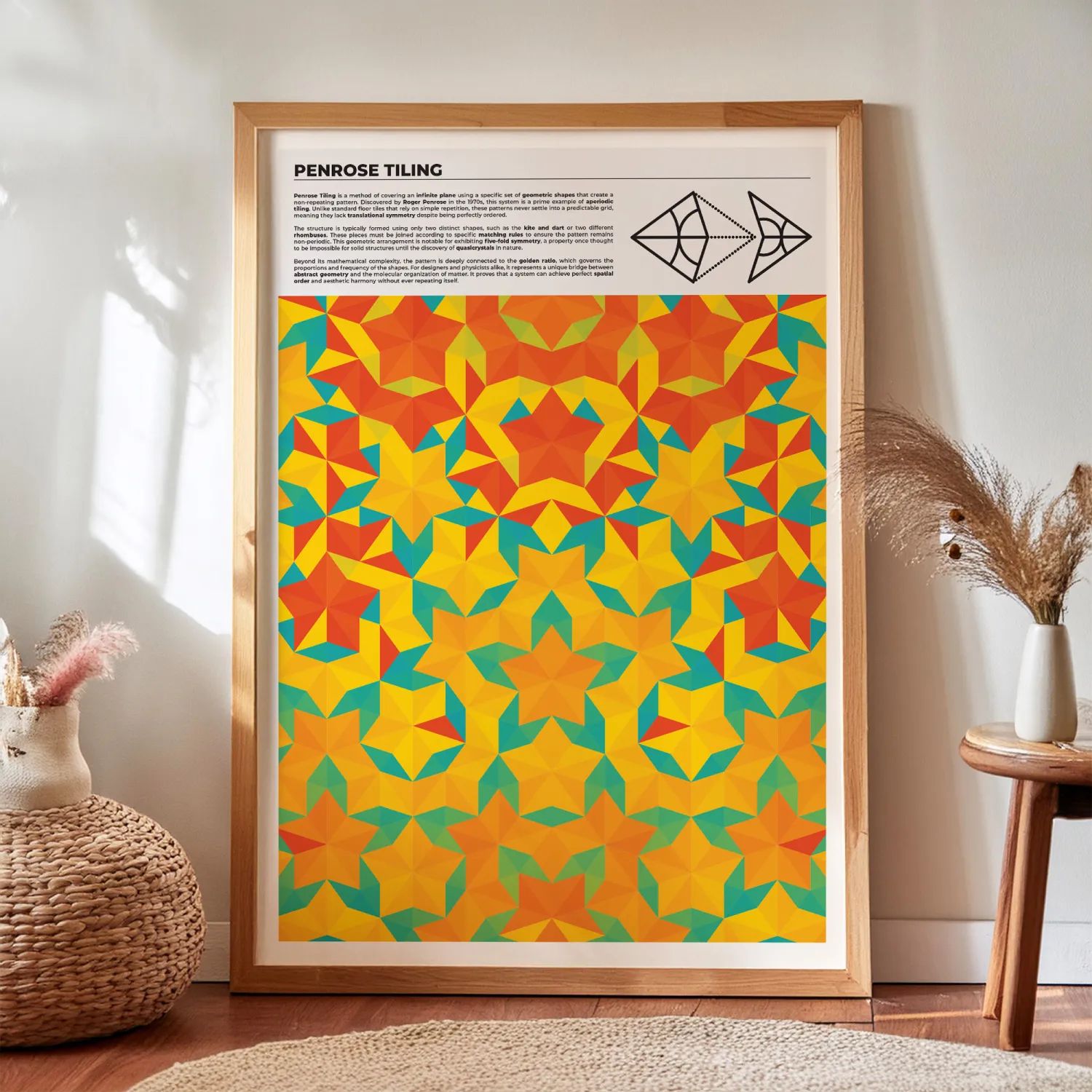 Penrose Tiling print with a scientific definition in a wooden frame