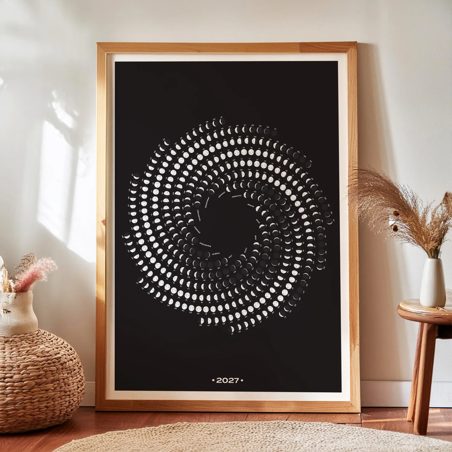 2027 Moon Calendar with a Flower-like Spiral Layout, Phases of Moon Poster