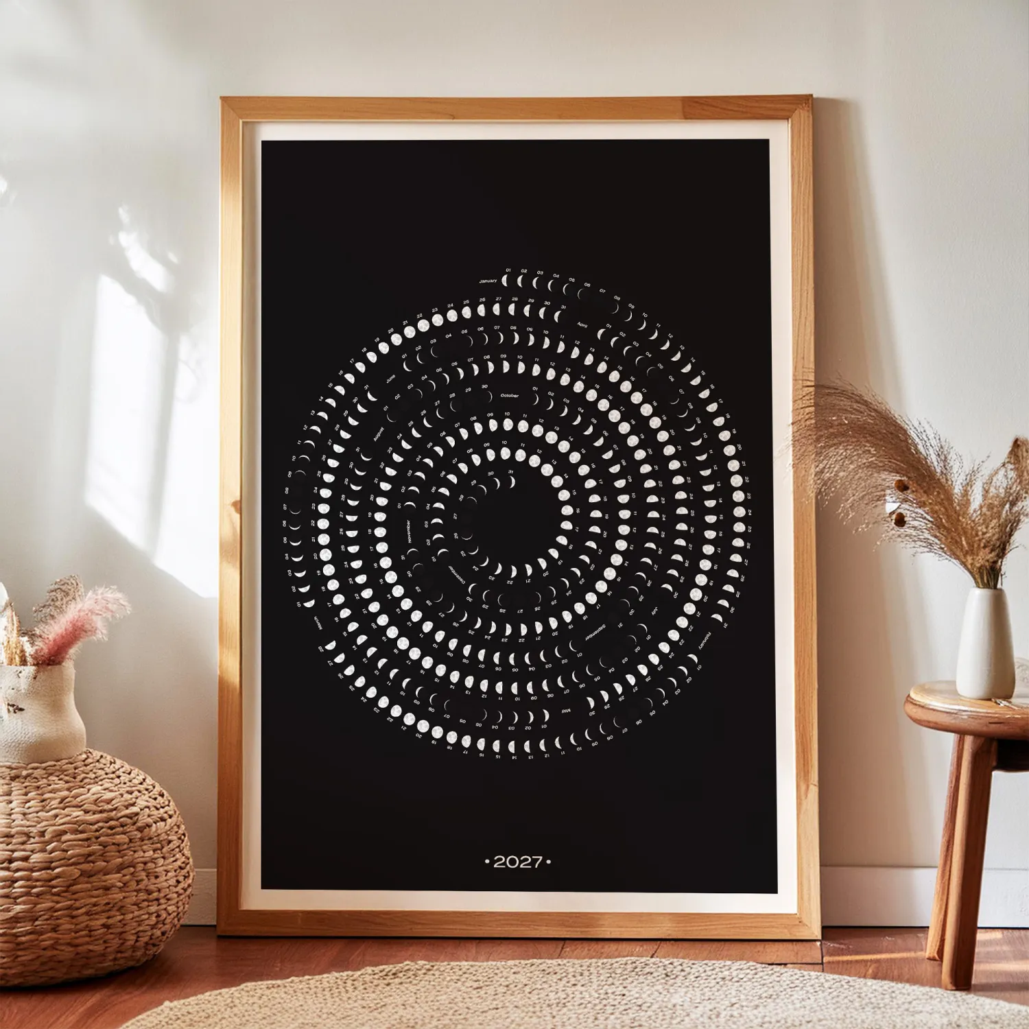 2027 Lunar Calendar on Spiral Layout, Black Background, Lunar Phases Chart